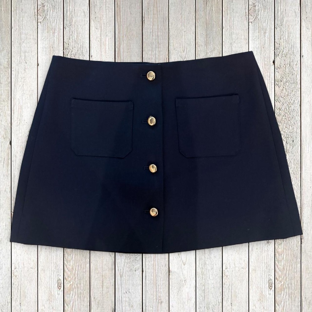 J.Crew Womens Fairfax Mini Skirt Navy Gold Button Stretch Size 2 CS855